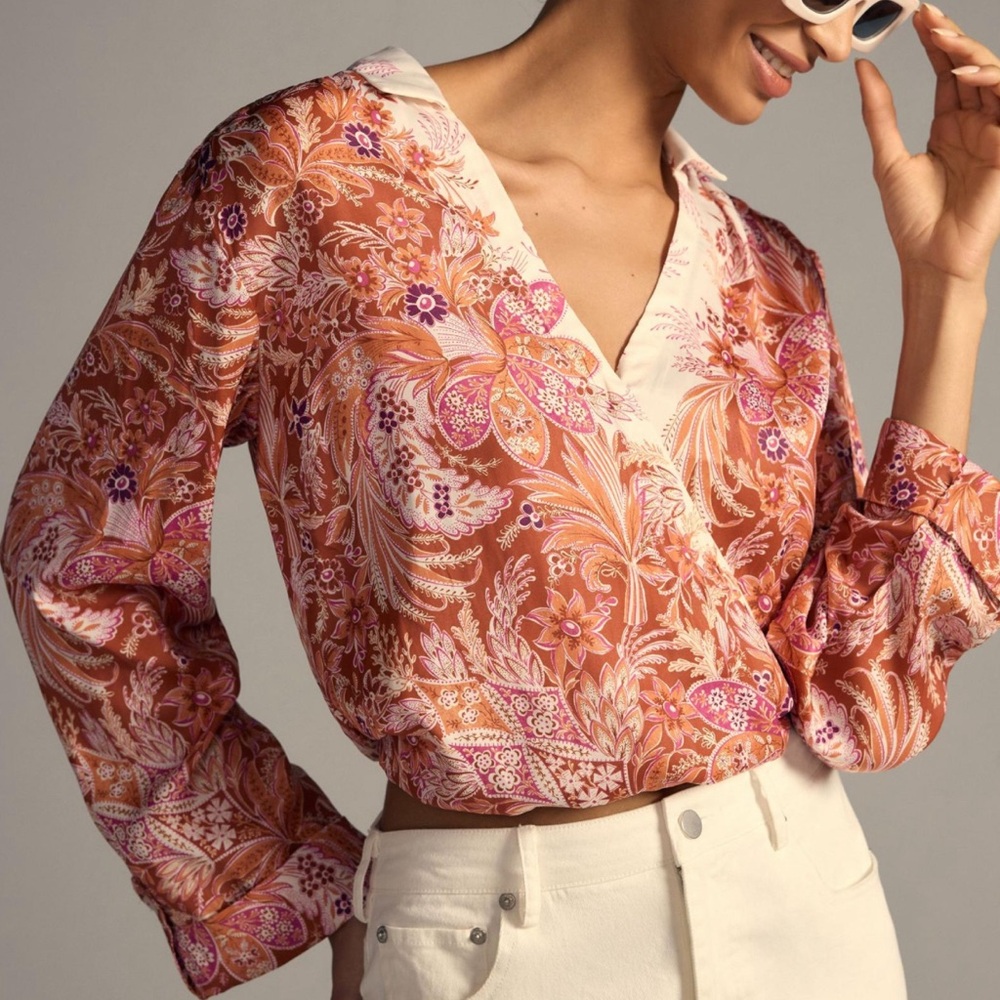 Anthropologie Rust Orange & Pink Paisley Wrap Blouse